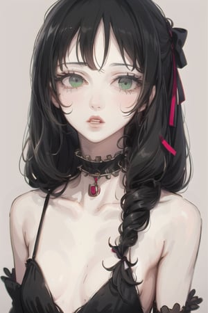 1girl, solo, green eyes, bare shoulders, parted lips, black hair, ribbon, upper body, choker, looking at viewer, drill hair, collarbone, black ribbon, simple background, bangs, frills, grey background, bow