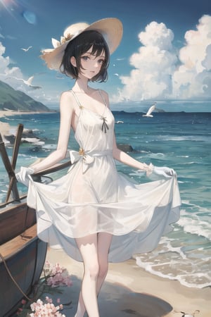 1girl, umbrella, hat, dress, outdoors, bird, solo, seagull, hat flower, ocean, short hair, holding, white dress, water, day, flower, watercraft, sun hat, sky, cloud, beach, black hair, waves, white headwear, gloves, holding umbrella, sleeveless dress, sleeveless, smile, blue sky, white umbrella, white gloves, standing, skirt hold, collarbone, boat, sundress