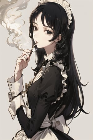 1girl, cigarette, solo, black hair, maid headdress, smoking, long hair, maid, smoke, simple background, dress, black eyes, black dress