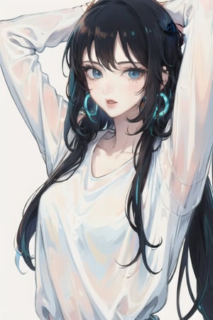 1girl, solo, jewelry, earrings, long hair, black hair, white background, simple background, looking at viewer, blue eyes, bangs, upper body, long sleeves, shirt, white shirt, parted lips, multicolored hair, blue hair, sleeves past wrists, lips, hands up