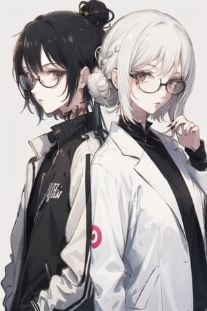 white hair, glasses, jacket, white jacket, tattoo, black hair, simple background, looking at viewer, black shirt, hair bun, 2girl,