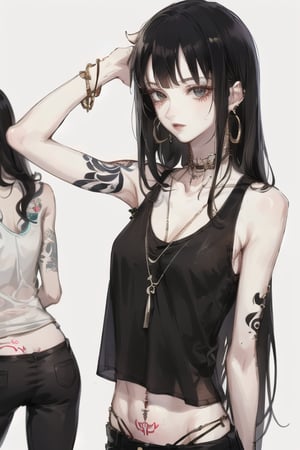 black hair, long hair, piercing, short hair, 2girls, ear piercing, multiple girls, jewelry, tattoo, earrings, navel, navel piercing, simple background, 1boy, bangs, tank top, white tank top, lip piercing, blunt bangs, 1girl, underwear