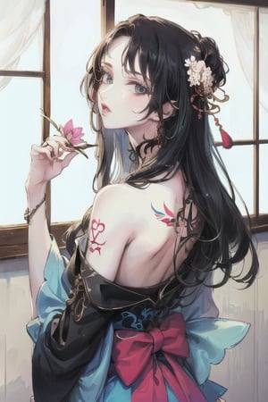 (masterpiece, top quality, best quality, official art, beautiful and aesthetic:1.2),1girl, tattoo, solo, japanese clothes,  hair ornament, unsheathing, black hair, sheath, back tattoo, blue eyes,  off shoulder, bare shoulders, looking back, from behind, flower, looking at viewer,  holding, makeup, 
indoor,