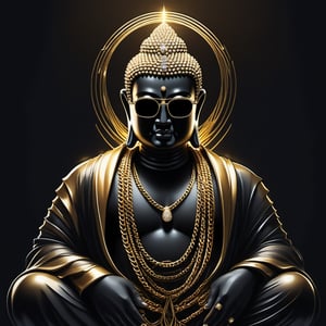 A futuristic Buddha strikes an introspective pose, donning a gleaming black jacket from a high-end fashion brand. Dark golden shades and diamond chains glint in the volumetric lighting, as he rests his hands on his nose, eyes hidden behind dark glasses. The background fades into a mesmerizing gradient, with intricate details and textures that pop at XL, Modern, Ultra HD, 4K resolution,Leonardo Style