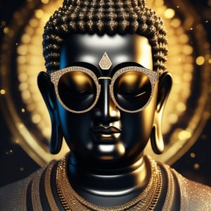 An illustration of Buddha, dressed in Glittering Fashion clothing, black jacket, dark golden shades, gold diamond chains, dark eyes glasses, in digital arts style, with volumetric lighting, 
more detail XL,Modern, ultra HD, 4K resolution ,Expressiveh