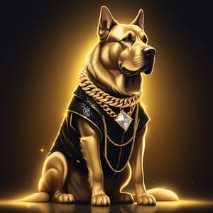 An illustration of a Big Dog dressed in Glittering Fashion clothing, black jacket, dark golden shades, gold diamond chains, in digital arts style, with volumetric lighting, 
more detail XL,Modern, ultra HD, 4K resolution 