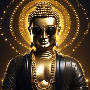 An illustration of Buddha smiling, dressed in Glittering Fashion clothing, black jacket, dark golden shades, gold diamond chains, dark eyes glasses, in digital arts style, with volumetric lighting, 
more detail XL,Modern, ultra HD, 4K resolution 