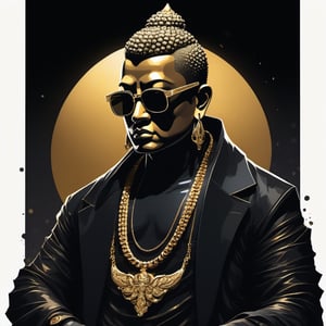 A futuristic Buddha strikes an introspective pose, donning a gleaming black jacket from a high-end fashion brand. Dark golden shades and diamond chain glint in the volumetric lighting, as he rests his hands on his nose, eyes hidden behind dark glasses. The background fades into a mesmerizing gradient with silhouette of yakuza subordinates , with intricate details and textures that pop at XL, Modern, Ultra HD, 4K resolution,Leonardo Style