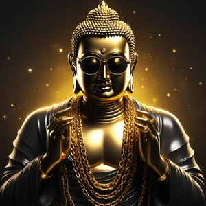 An illustration of Buddha, dressed in Glittering Fashion clothing, black jacket, dark golden shades, gold diamond chains, dark eyes glasses, striking a analytic pose with both hands over the chin in digital arts style, with volumetric lighting, 
more detail XL,Modern, ultra HD, 4K resolution ,Expressiveh