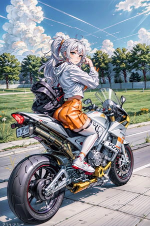 1girl, motion shot, (leaning farwards racing pose), hands on handlebars, (wind blowing back), (hair blowing in wind), (white and red racing sports bra), yellow skirt, (speed streaks), (riding bike away from camera), nice round butt, racetrack, (white and orange motorbike), (white and orange sport bike), (white and purple hair), cute features, braids on boths sides, flat chested, white_hair, long hair, full body, futiristic, alone, yhmotorbike,yhmotorbike,mecha,latex bikesuit,