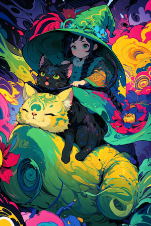 ((Riding a giant fat fluffy cat)) , shining eyes , twin_braid , black hair , little girl, 10 years old, simple green witch's big hat and green robe, intricate details, 32k digital painting, hyperrealism, (vivid color),(abstract background:1.3), (colorful:1.3), (flowers:1.2), (zentangle:1.2), (fractal art:1.1) , parted bangs, SUPER HIGH quality, in 8K , intricate detail, ultra-detailed,chibi,High detailed ,xyzsanart01,fantasy,art