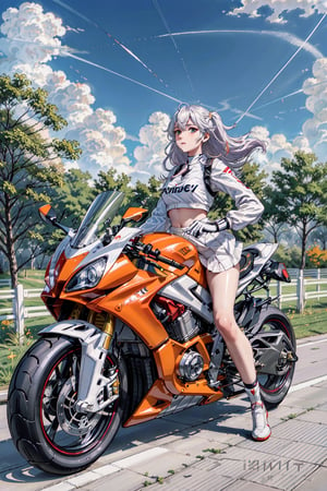1girl, motion shot, (leaning farwards racing pose), hands on handlebars, (wind blowing back), (hair blowing in wind), (white and red racing sports bra), yellow skirt, (speed streaks), (riding bike away from camera), nice round butt, racetrack, (white and orange motorbike), (white and orange sport bike), (white and purple hair), cute features, braids on boths sides, flat chested, white_hair, long hair, full body, futiristic, alone, yhmotorbike,yhmotorbike,mecha,latex bikesuit,