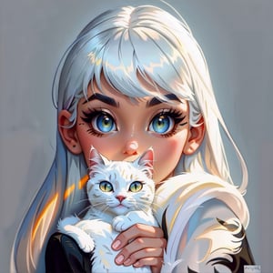 1girl(white hair), 1cat, black cat, 
serious atmosphere, 
 disney style, most beautiful artwork in the world, professional majestic oil painting, trending on ArtStation, trending on CGSociety, Intricate, High Detail, Sharp focus, sharp image,hd, realistic reflects,dramatic, photorealistic painting art, catoonized, pinterest,xyzsanart01,veronica