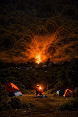 kids dressed in orange and carrying shovels dragging themselves toward the
tents, There were six large gray tents (and each one had a black letter on it: A, B, C, D, E, or F.),
The air seemed thick with heat and dirt, electric fence, cinematic, FFIXBG, realism, analog, photorealistic,boichi manga style