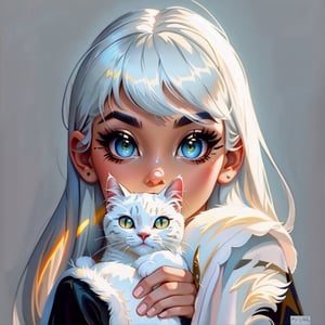 1girl(white hair), 1cat, black cat, 
serious atmosphere, 
 disney style, most beautiful artwork in the world, professional majestic oil painting, trending on ArtStation, trending on CGSociety, Intricate, High Detail, Sharp focus, sharp image,hd, realistic reflects,dramatic, photorealistic painting art, catoonized, pinterest,xyzsanart01,veronica, cinematic, fantasy art