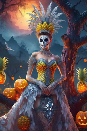1girl, lavish outfit with elaborate decorations of diamonds, Medium shot, textured spandex emboss stretch fabric, rhinestone appliques, lace patches, flying on misty landscape, dawn, silhouettes of dead trees, dim lights, vivid color, helloween theme, pineapple everywhere, hyperdetailed artwork, contrast, highres,lis4,glide_fashion