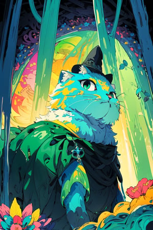 ((Riding a giant fat fluffy cat)) , shining eyes , twin_braid , black hair , little girl, 10 years old, simple green witch's big hat and green robe, intricate details, 32k digital painting, hyperrealism, (vivid color),(abstract background:1.3), (colorful:1.3), (flowers:1.2), (zentangle:1.2), (fractal art:1.1) , parted bangs, SUPER HIGH quality, in 8K , intricate detail, ultra-detailed,chibi,High detailed ,xyzsanart01,fantasy,art