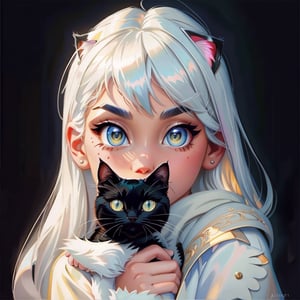 1girl(white hair), 1cat, black cat, 
serious atmosphere, 
 disney style, most beautiful artwork in the world, professional majestic oil painting, trending on ArtStation, trending on CGSociety, Intricate, High Detail, Sharp focus, sharp image,hd, realistic reflects,dramatic, photorealistic painting art, catoonized, pinterest,xyzsanart01,veronica