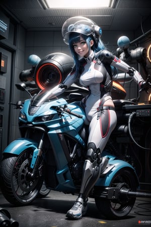 A little girl, big sniper rifle, wearing white wick suit with parts in blue + robotic armor with lights, wearing helmet with transparent colored visor, blue hair, rebellious hair, messy hair, hair with bangs in front of the eye, looking at the viewer, (((sensual pose with interaction and leaning on anything+object+leaning against))), in a spaceship with many structures,  equipment, robots, computers, elevator, ((full body):1.5), 16K, UHD, unreal engine 5, quality max, max resolution, ultra-realistic, ultra-detailed, maximum sharpness, ((perfect_hands):1), Goodhands-beta2, [super metroid], cyberware, cybernetic