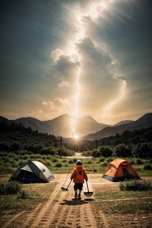 kids dressed in orange and carrying shovels dragging themselves toward the
tents, There were six large gray tents (and each one had a black letter on it: A, B, C, D, E, or F.),
The air seemed thick with heat and dirt, electric fence, cinematic, FFIXBG, realism, analog, photorealistic,boichi manga style