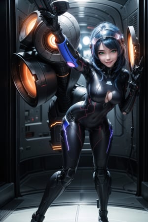 A woman, big sniper rifle, wearing white wick suit with parts in blue + robotic armor with lights, wearing helmet with transparent colored visor, blue hair, rebellious hair, messy hair, hair with bangs in front of the eye, looking at the viewer, (((sensual pose with interaction and leaning on anything+object+leaning against))), in a spaceship with many structures,  equipment, robots, computers, elevator, ((full body):1.5), 16K, UHD, unreal engine 5, quality max, max resolution, ultra-realistic, ultra-detailed, maximum sharpness, ((perfect_hands):1), Goodhands-beta2, [super metroid], cyberware, cybernetic