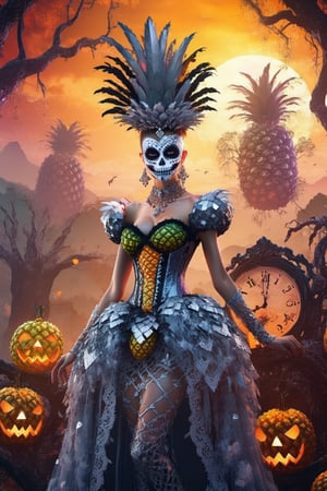 1girl, lavish outfit with elaborate decorations of diamonds, Medium shot, textured spandex emboss stretch fabric, rhinestone appliques, lace patches, flying on misty landscape, dawn, silhouettes of dead trees, dim lights, vivid color, helloween theme, pineapple everywhere, hyperdetailed artwork, contrast, highres,lis4,glide_fashion