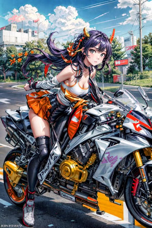 1girl, motion shot, (leaning farwards racing pose), an ethereal young girl perched on a motorcycle, (wind blowing back), (hair blowing in wind), (white and red racing sports bra), yellow skirt, (speed streaks), (riding bike away from camera), nice round breasts, nice round butt, racetrack, (black and orange motorbike), (black and orange sport bike), (white and purple hair), cute features, braids on boths sides, long hair, full body, futiristic, alone, yhmotorbike,yhmotorbike,mecha,latex bikesuit,