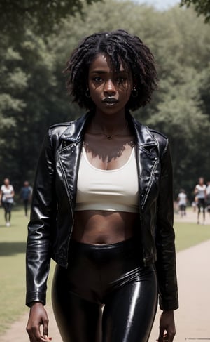 candid photography, outdoors in a park, a stunning walking young woman from South Africa with chocolate brown skin, ebony, black skin, oily skin, black hair; wearing a leather jacket and a shiny top and shiny leggings, dark black lipstick, park background setting, in the style of Tim walker, cinematography, award-winning, crafted, elegant, meticulous, magnificent, maximum details, extremely hyper aesthetic, intricately detailed,8k, Realism, natural pose hands, detailed hands, smooth skin face