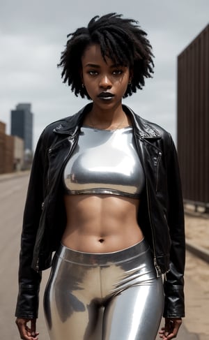 outdoors, a stunning young woman from South Africa with chocolate brown skin, ebony, black skin, natural-looking skin, black hair; wearing a leather jacket and a shiny top and shiny leggings, wearing gloves, dark black lipstick, urban background setting, cinematography, award-winning, crafted, elegant, meticulous, magnificent, maximum details, extremely hyper aesthetic, intricately detailed,8k, Realism, Detailedface, natural pose hands