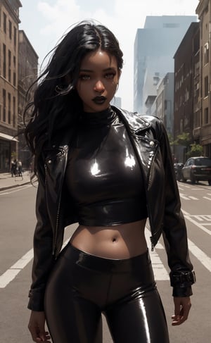 outdoors, a stunning young woman from South Africa with chocolate brown skin, ebony, black skin, natural-looking skin, black hair; wearing a leather jacket and a shiny top and shiny leggings, wearing gloves, dark black lipstick, urban background setting, cinematography, award-winning, crafted, elegant, meticulous, magnificent, maximum details, extremely hyper aesthetic, intricately detailed,8k, Realism, Detailedface, natural pose hands