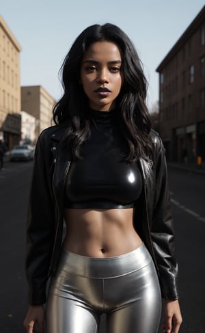 outdoors, a stunning young woman from South Africa with chocolate brown skin, ebony, black skin, natural-looking skin, black hair; wearing a leather jacket and a shiny top and shiny leggings, wearing gloves, dark black lipstick, urban background setting, cinematography, award-winning, crafted, elegant, meticulous, magnificent, maximum details, extremely hyper aesthetic, intricately detailed,8k, Realism, Detailedface, natural pose hands