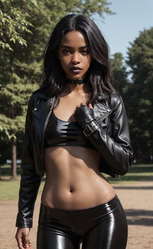 outdoors in a park, a stunning young woman from South Africa with chocolate brown skin, ebony, black skin, natural-looking skin, black hair; wearing a leather jacket and a shiny top and shiny leggings, wearing leather gloves, gloves, dark black lipstick, park background setting, cinematography, award-winning, crafted, elegant, meticulous, magnificent, maximum details, extremely hyper aesthetic, intricately detailed,8k, Realism, Detailedface, natural pose hands
