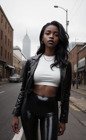 outdoors, a stunning young woman from South Africa with chocolate brown skin, ebony, black skin, natural-looking skin, black hair; wearing a leather jacket and a shiny top and shiny leggings, wearing gloves, dark black lipstick, urban background setting, cinematography, award-winning, crafted, elegant, meticulous, magnificent, maximum details, extremely hyper aesthetic, intricately detailed,8k, Realism, Detailedface, natural pose hands