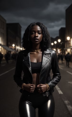 outdoors, a stunning young woman with dark chocolate skin, ebony, black skin, natural-looking skin, dotted curled hair; wearing a leather jacket and a shiny top and shiny leggings, wearing gloves, dark black lipstick, urban background setting, cinematography, award-winning, crafted, elegant, meticulous, magnificent, maximum details, extremely hyper aesthetic, intricately detailed,8k, Realism, Detailedface, natural pose hands