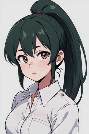 masterpiece, best quality, 8k, highres, 1girl, solo, ohishi izumi, green hair, long hair, ponytail, brown eyes, medium breasts, white collared shirt, upper body, portrait, looking at viewer, white simple background
