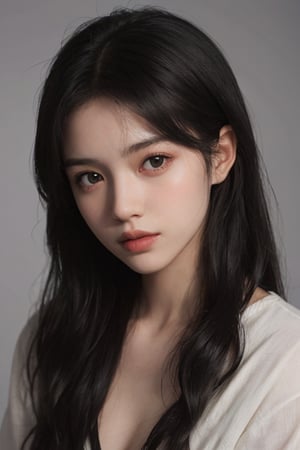 a 20 yo woman, wavy hair, black hair, pale skin, soothing tones, muted colors, high contrast, (natural skin texture, hyperrealism, soft light, sharp), simple background