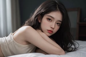 a 20 yo woman, wavy hair, black hair, pale skin, soothing tones, muted colors, high contrast, (natural skin texture, hyperrealism, soft light, sharp), simple background