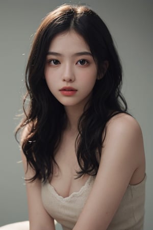 a 20 yo woman, wavy hair, black hair, pale skin, soothing tones, muted colors, high contrast, (natural skin texture, hyperrealism, soft light, sharp), simple background, facing front, camera_pov, camera_view, chromatic_background,