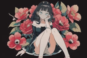 Best quality,masterpiece,ultra high res,1girl,beautiful_face,detailed skin,full body,black hair, blue_eyes ,looking at viewer,detailed eyes,detailed hair, fullbody,dark blue,detailed hands, full_body, detailed_hands, flowers, flower details, curly_hair, long legs, long limbs,