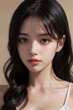 a 20 yo woman, wavy hair, black hair, pale skin, soothing tones, muted colors, high contrast, (natural skin texture, hyperrealism, soft light, sharp), simple background, facing front, camera_pov, camera_view, chromatic_background,