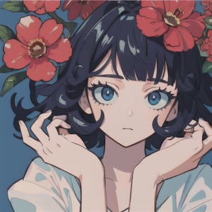 Best quality,masterpiece,ultra high res,1girl,beautiful_face,detailed skin,full body,black hair, blue_eyes ,looking at viewer,detailed eyes,detailed hair, fullbody,dark blue,detailed hands, full_body, detailed_hands, flowers, flower details, curly_hair, long legs, long limbs, clear eyes