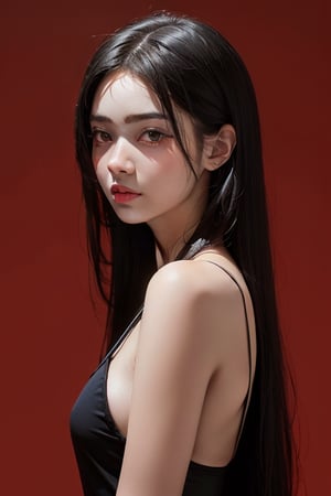 a 20 yo woman,long hair,black hair,pale skin,dark theme, soothing tones, muted colors, high contrast, (natural skin texture, hyperrealism, soft light, sharp),red background,simple background, 