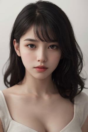 a 20 yo woman, wavy hair, black hair, pale skin, soothing tones, muted colors, high contrast, (natural skin texture, hyperrealism, soft light, sharp), simple background, facing front, camera_pov, camera_view, chromatic_background,