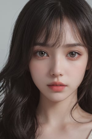 a 20 yo woman, wavy hair, black hair, pale skin, soothing tones, muted colors, high contrast, (natural skin texture, hyperrealism, soft light, sharp), simple background, facing front, camera_pov, camera_view, chromatic_background,