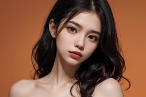 a 20 yo woman, wavy hair, dark hair, pale skin, soothing tones, muted colors, high contrast, (natural skin texture, soft light, sharp), simple background, orange background,