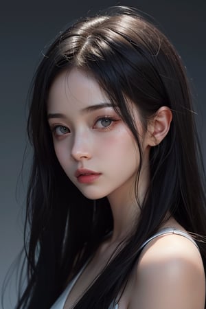 a 20 yo woman,long hair,black hair,pale skin,dark theme, soothing tones, muted colors, high contrast, (natural skin texture, hyperrealism, soft light, sharp),blue background,simple background, 