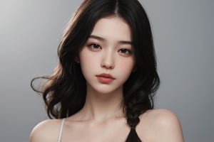 a 20 yo woman, wavy hair, black hair, pale skin, soothing tones, muted colors, high contrast, (natural skin texture, hyperrealism, soft light, sharp), simple background