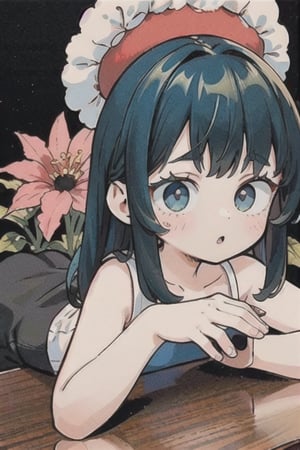 Best quality,masterpiece,ultra high res,1girl,beautiful_face,detailed skin,full body,black hair, blue_eyes ,looking at viewer,detailed eyes,detailed hair, fullbody,dark blue,detailed hands, full_body, detailed_hands, normal hands, flowers, flower details, curly_hair, long legs, long limbs, clear eyes