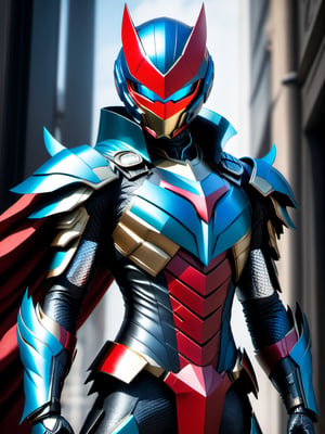 Best Image Quality, Super High Resolution, Masterpiece, Photorealistic, Medium camera shot, 1 Man, Solo, Man wearing Kamen Rider costume and hybrid ironman costume, (Garuda bird mask), cape, (Garuda bird protector), Garuda bird belt, Kamen Rider Garuda, body suit red blue glowing black, neon, Incredible detail, intricate complexity, depth of field, volumetric lighting, sharp focus, absurdity, realistic proportions, delicate anatomy, high detail, delicate, Stunning detail, fine detail, cinematic lighting, delicate and beautiful,Leonardo Style, illustration