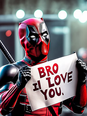 Best Image Quality, Super High Resolution, Masterpiece, 8k, Realistic cool looking Deadpool holding banner saying ("Bro I Love You") Intricate details, high detail 